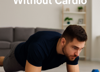 how to burn belly fat without cardio – man doing plank on yoga mat at home to strengthen core and lose belly fat naturally