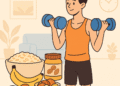 healthy weight gain plan at home – young man eating nutritious meal with eggs, oats, and milk to build muscle naturally