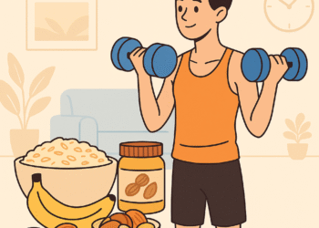 healthy weight gain plan at home – young man eating nutritious meal with eggs, oats, and milk to build muscle naturally
