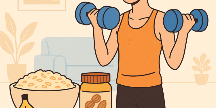 healthy weight gain plan at home – young man eating nutritious meal with eggs, oats, and milk to build muscle naturally